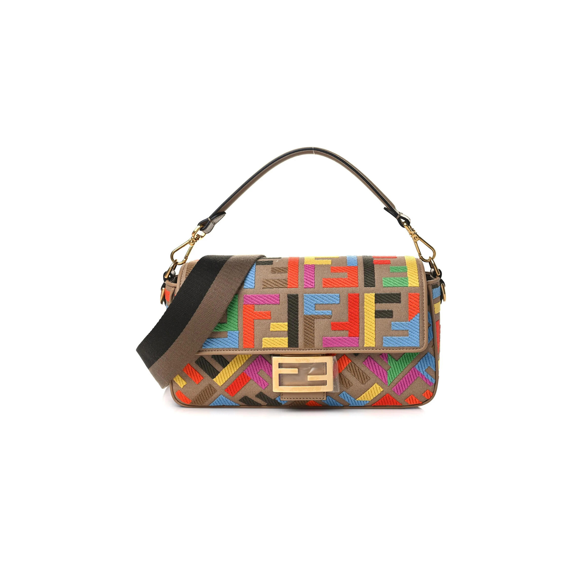 F**di canvas vitello king ff multicolor embroidered baguette multicolor cuoio (28*14*6cm)